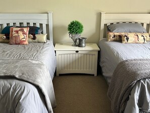 Een slaapkamer met twee bedden, elk met een kussen en een deken. Daartussen staat een nachtkastje met een plant en een kan.