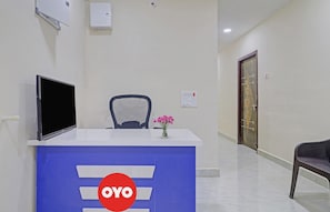 Una recepción con un televisor de pantalla plana, una silla, un jarrón con flores y una puerta con diseño decorativo.