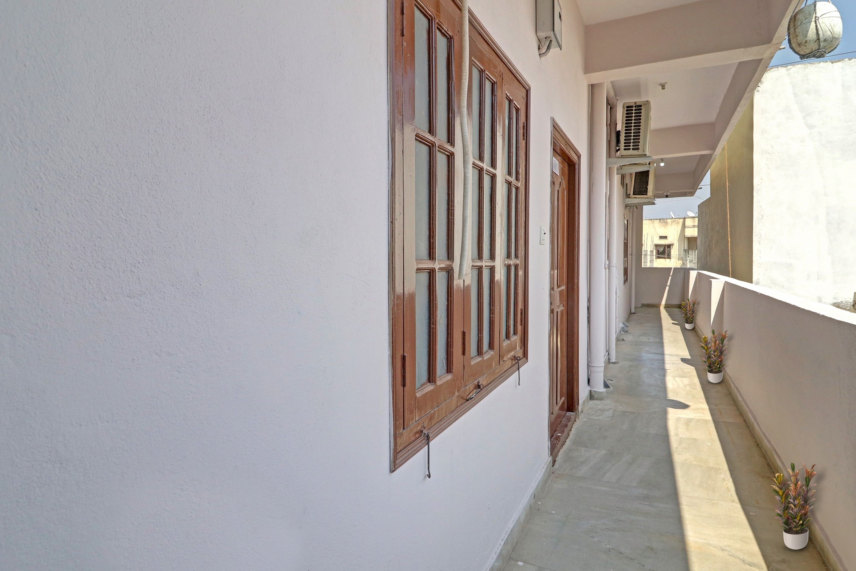 A narrow corridor with a white wall, wooden window frames, and a potted plant.