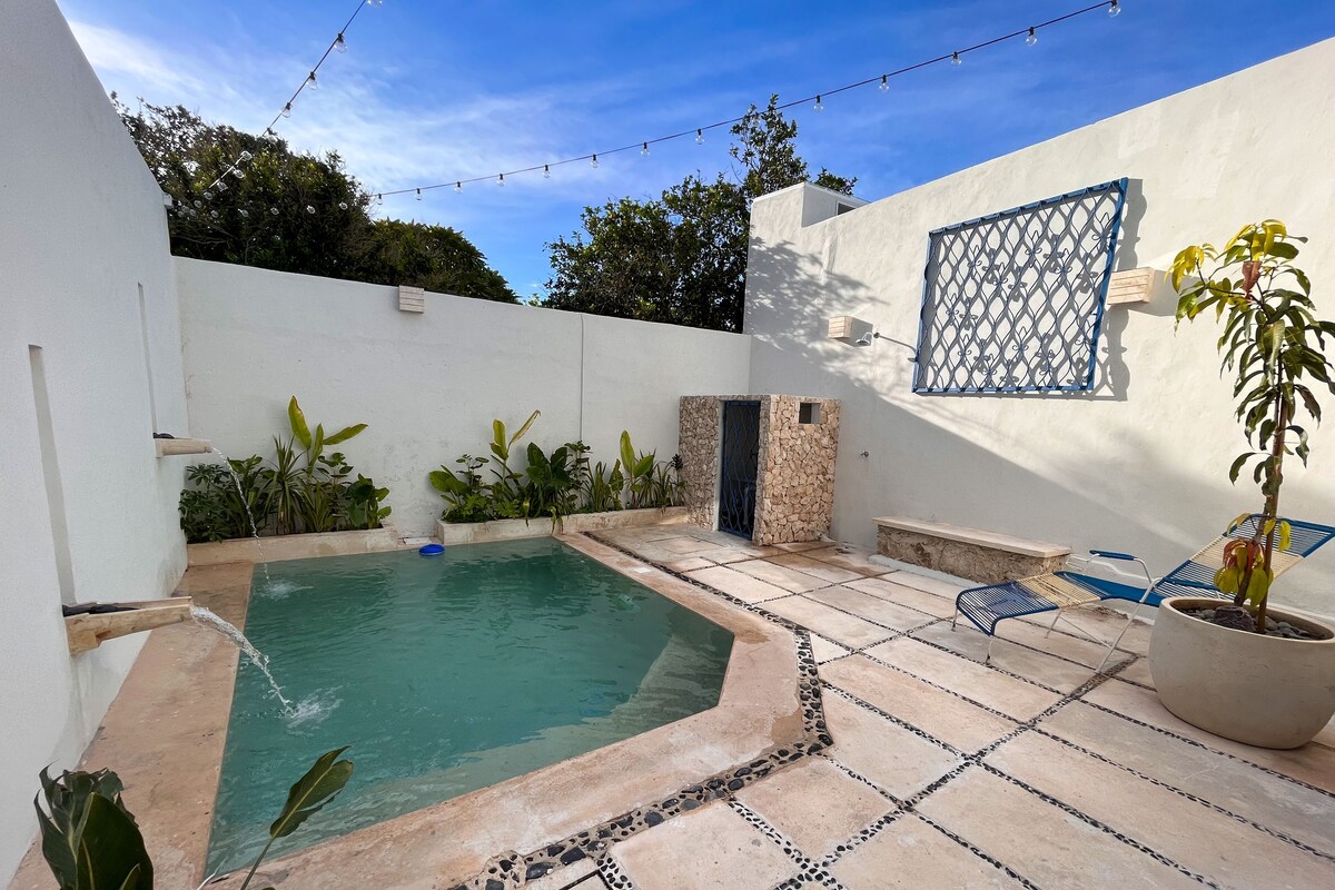 A swimming pool with a stone border, a blue chair, and a potted plant.