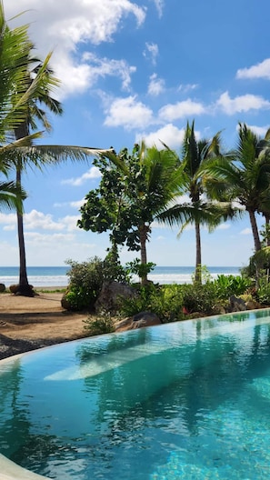 A clear blue pool with a view of the ocean and palm trees. - Paradise Exists - Ocean Views and Private Pool (Troncones)