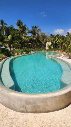 A clear blue pool with a curved edge, surrounded by palm trees and greenery. - Paradise Exists - Ocean Views and Private Pool (Troncones)