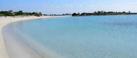 Visão nítida de uma praia com areal e águas calmas.