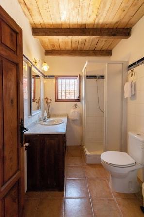 A bathroom with a wooden ceiling, a sink, a toilet, and a shower. - Casa del Guarda - Finca & Spa Vereda Real (Albacete)
