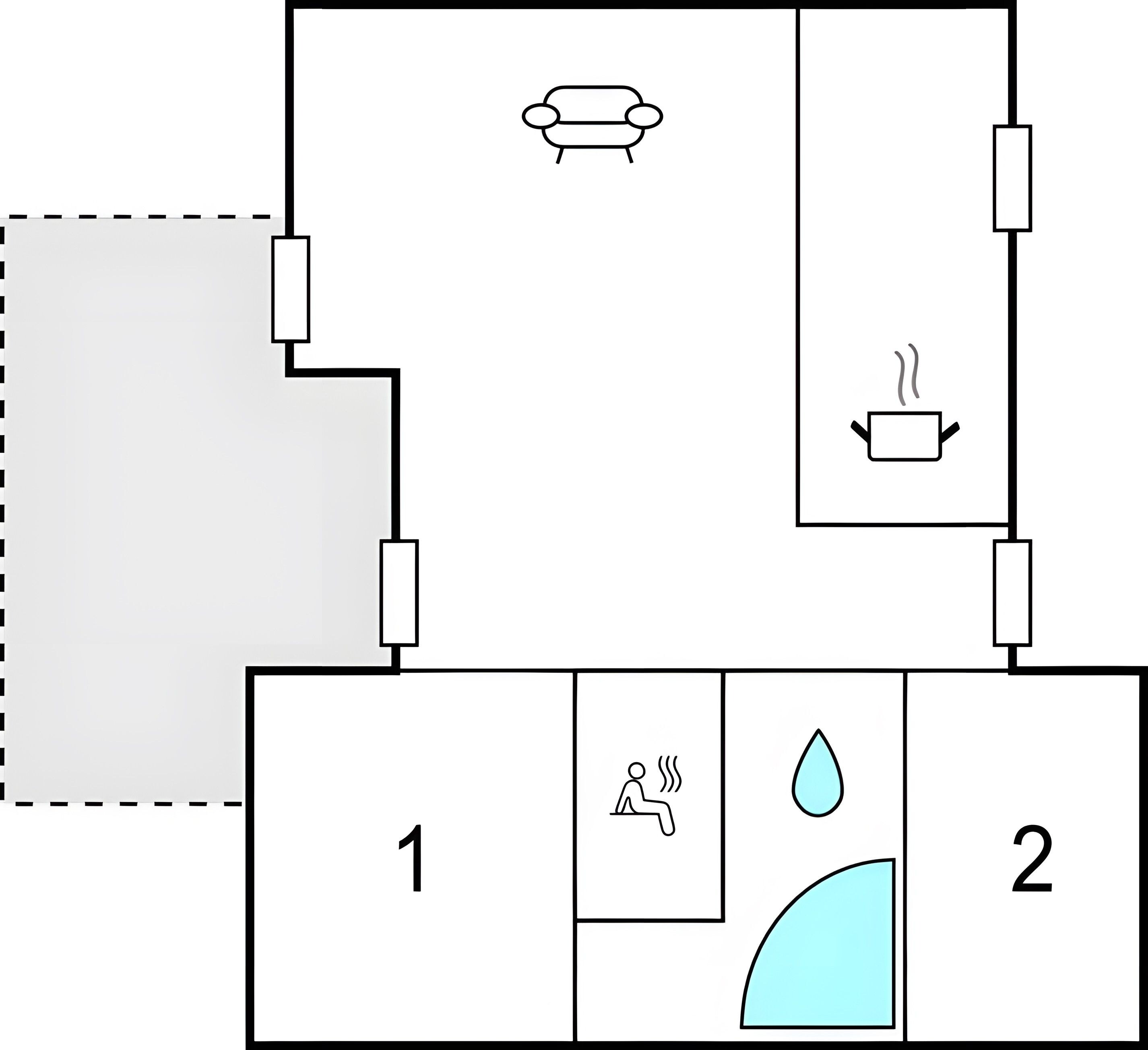 A floor plan with a living area, a bathroom, and a kitchenette.