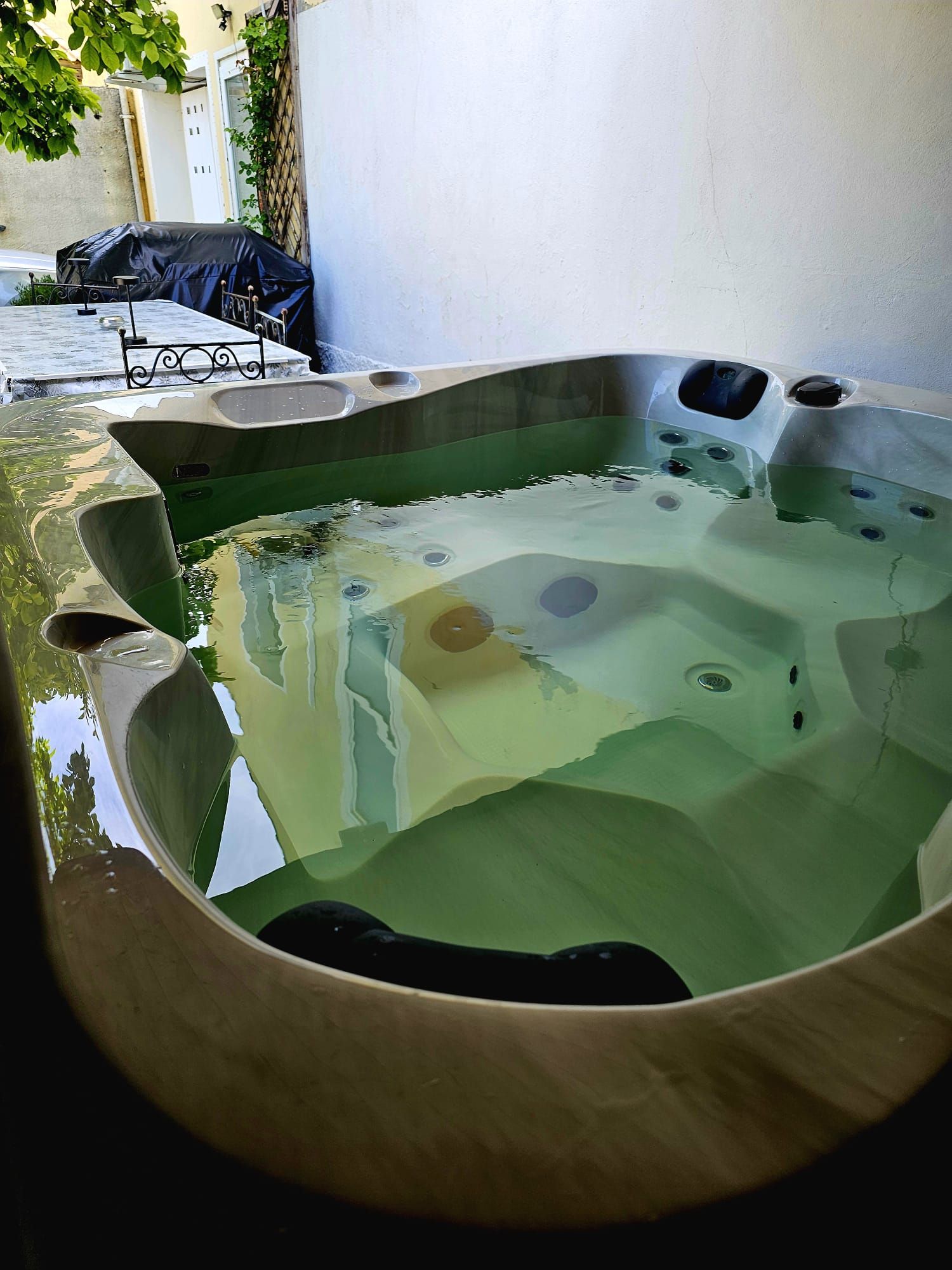 Ein Whirlpool mit außergewöhnlichem Design, umgeben von einem Betonboden.