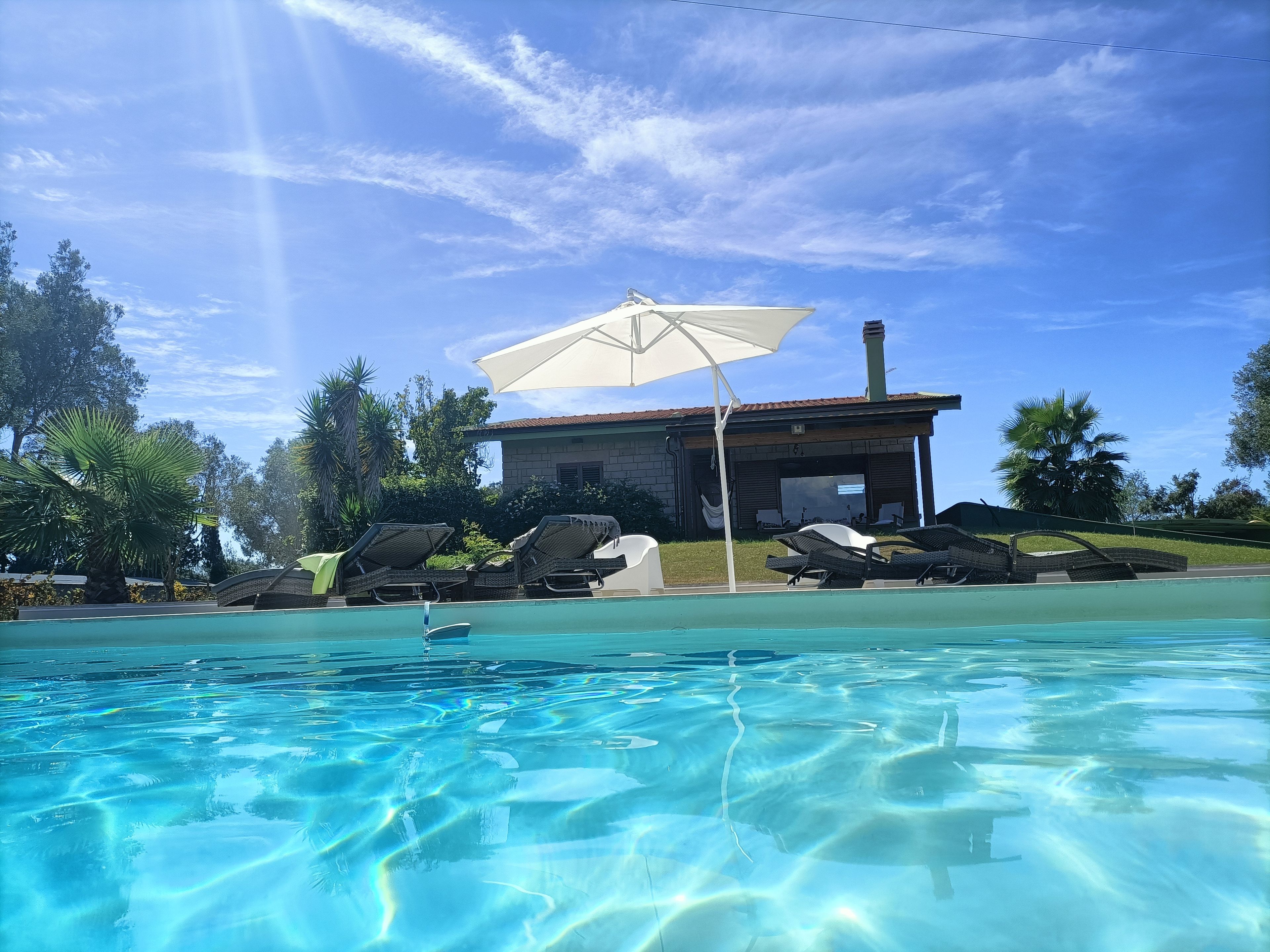 A clear swimming pool with lounge chairs and an umbrella, surrounded by trees and a building with a red roof.