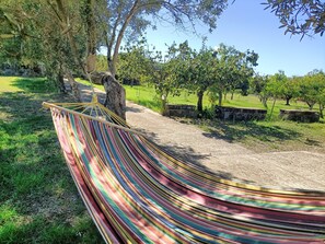 Una hamaca en un área con césped, árboles y cielo despejado.