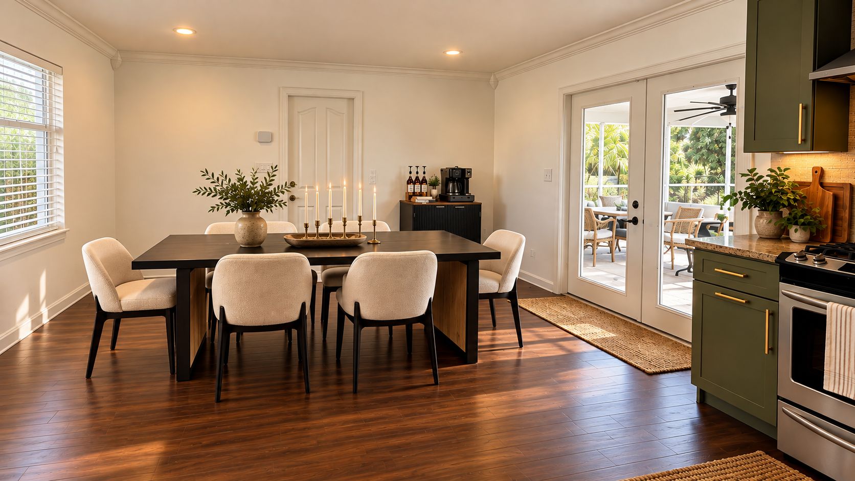 Ein Essbereich mit Holztisch und Stühlen, einer Kaffeestation und Blick durch eine Glastür auf einen Außenbereich mit Sitzgelegenheiten.