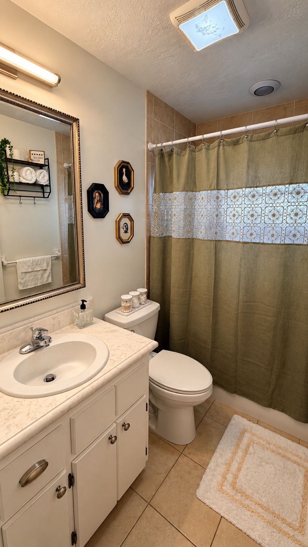 A bathroom with a sink, toilet, and shower curtain.
