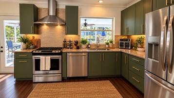 A modern kitchen with stainless steel appliances, green cabinets, and a large window providing a view of the outdoors.