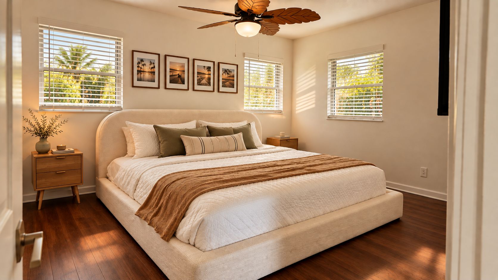 A bedroom with a large bed, bedside tables, a ceiling fan, and framed pictures on the wall.