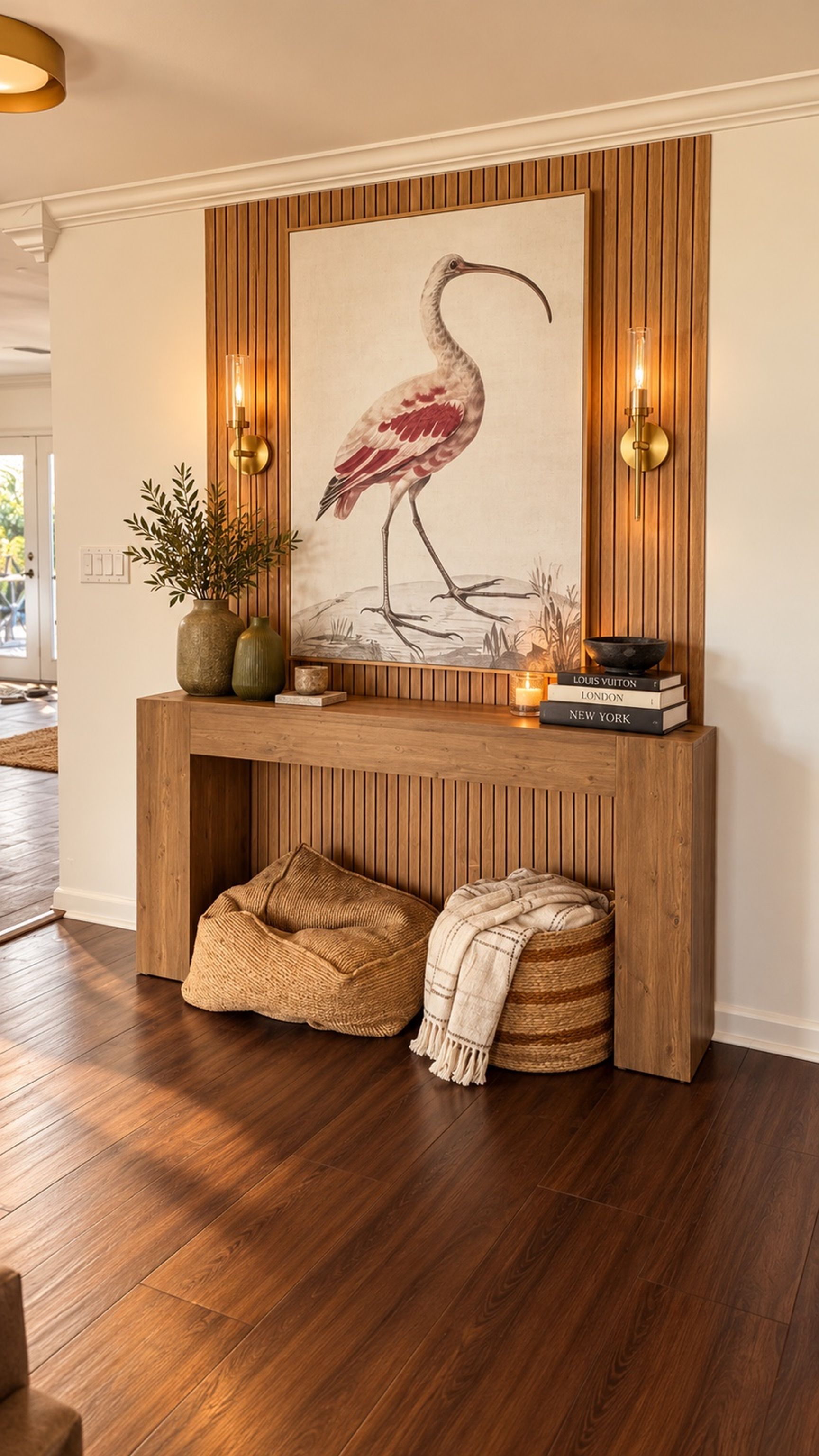 A wooden console table with a framed painting of a bird, two wall-mounted lamps, and a stack of books.