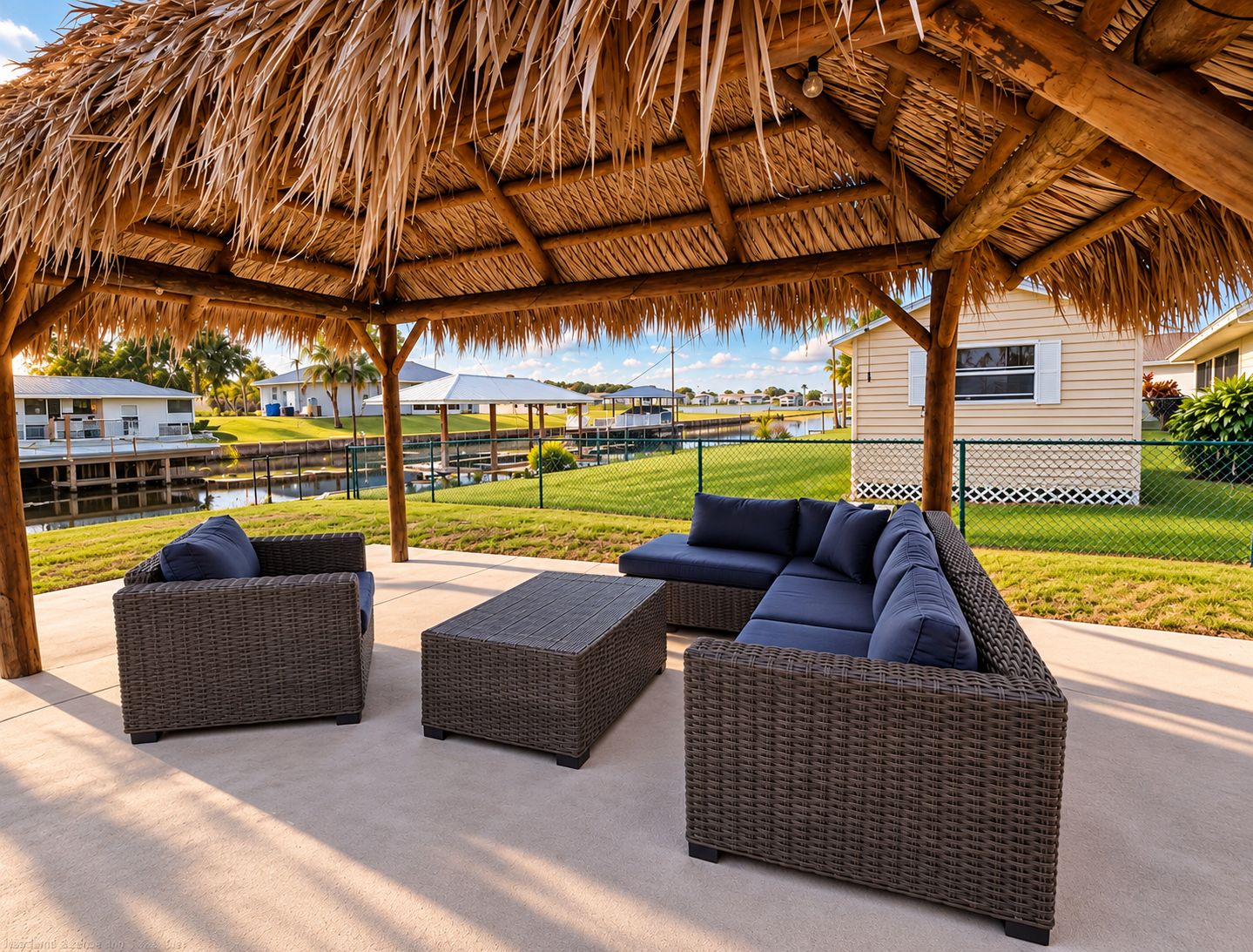 An outdoor patio with wicker furniture, a thatched roof, and a view of a residential area with houses and a body of water.
