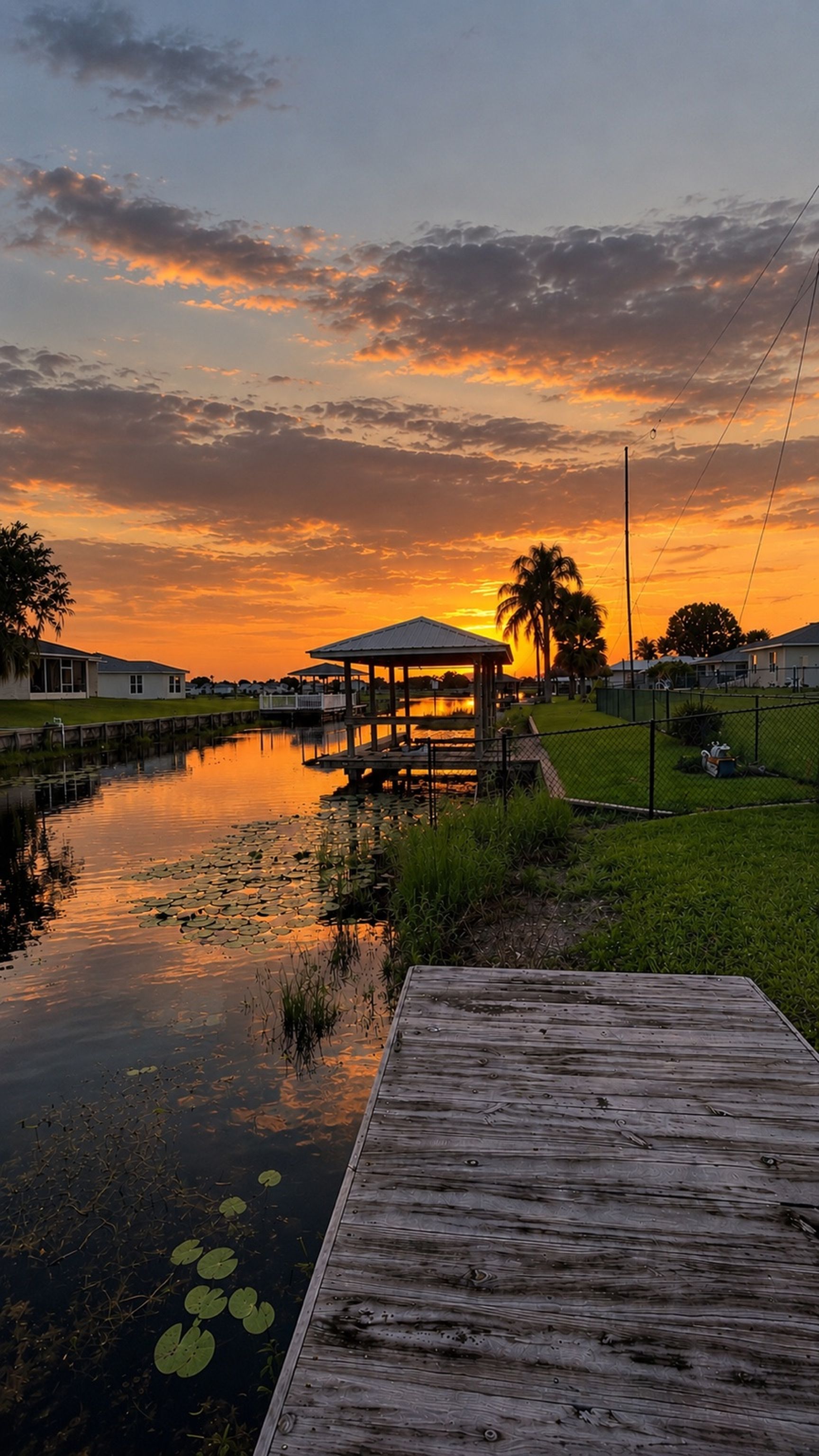 A wooden dock extending into a calm body of water with lily pads, a gazebo, and a sunset in the background.