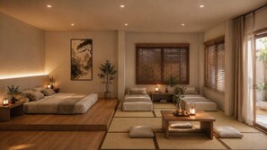 A modern bedroom with a large bed, bedside tables, a desk, and a window with blinds. - Vianna House of Wellness Chiangmai (Chang Wat Chiang Mai)
