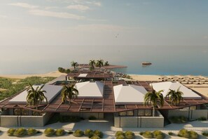 A resort with multiple buildings, a beach, and a boat in the distance. - Meerum 2 A Private Beachfront Sanctuary by Domisi (Pigianos Kampos)