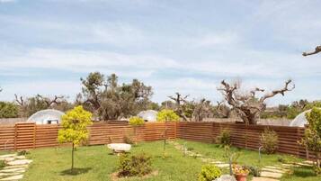 Un patio trasero con cerca de madera, un árbol pequeño, un jardín de rocas y cielo despejado.