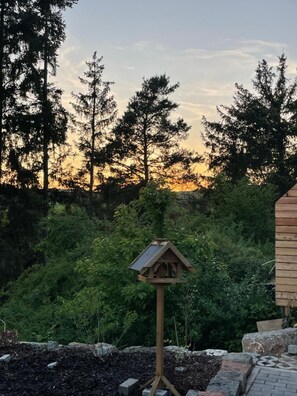 Un comedero para pájaros sobre un poste de madera en un jardín con follaje denso y árboles al fondo.
