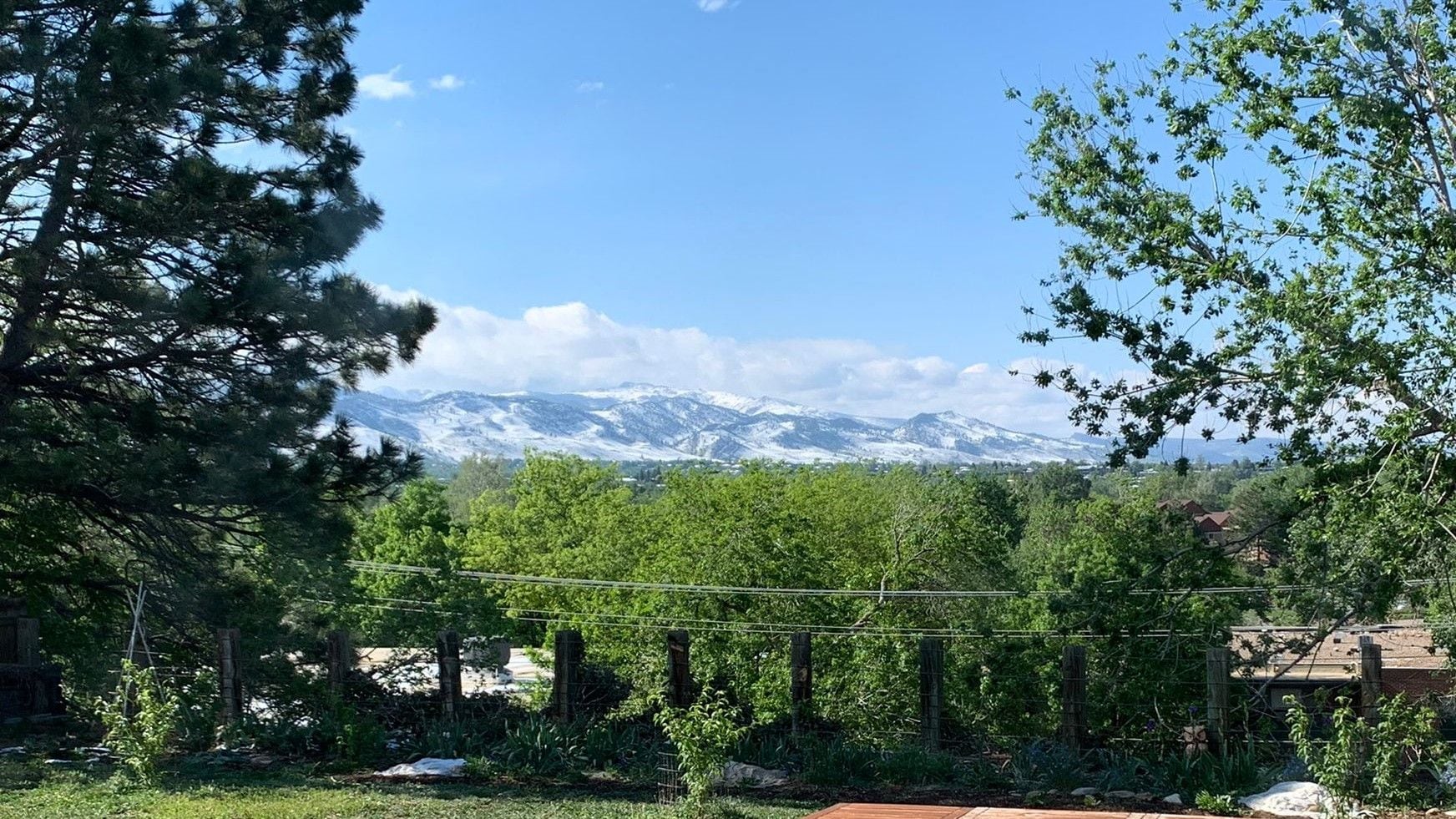 Un paysage montagneux avec un ciel dégagé, des arbres et une clôture au premier plan.
