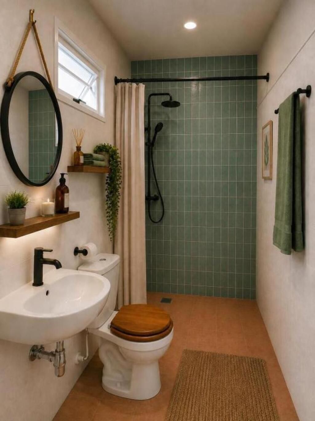 Une salle de bain avec un lavabo blanc, des toilettes en bois, un miroir, une douche avec un tuyau noir et un mur recouvert de carreaux verts.