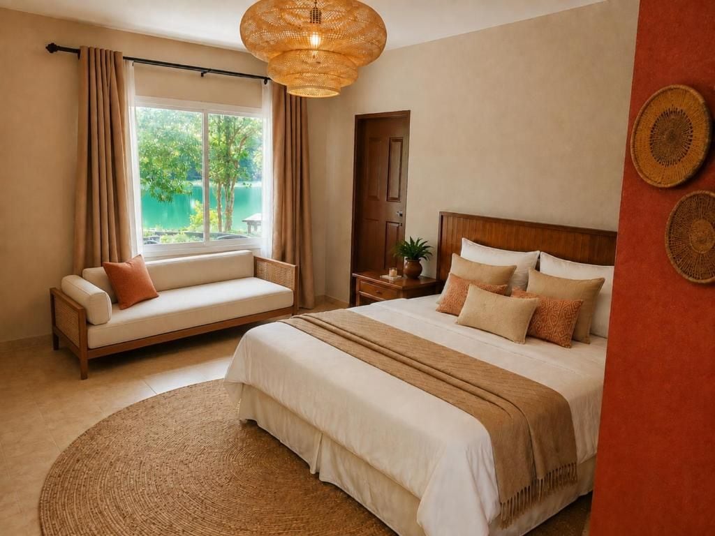 A bedroom with a bed, a sofa, a window with curtains, a nightstand, and a hanging light fixture.