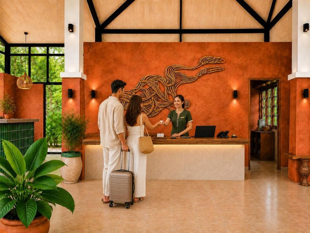 A reception desk with a large, abstract wall mural, a reception area with a wooden ceiling, and potted plants.