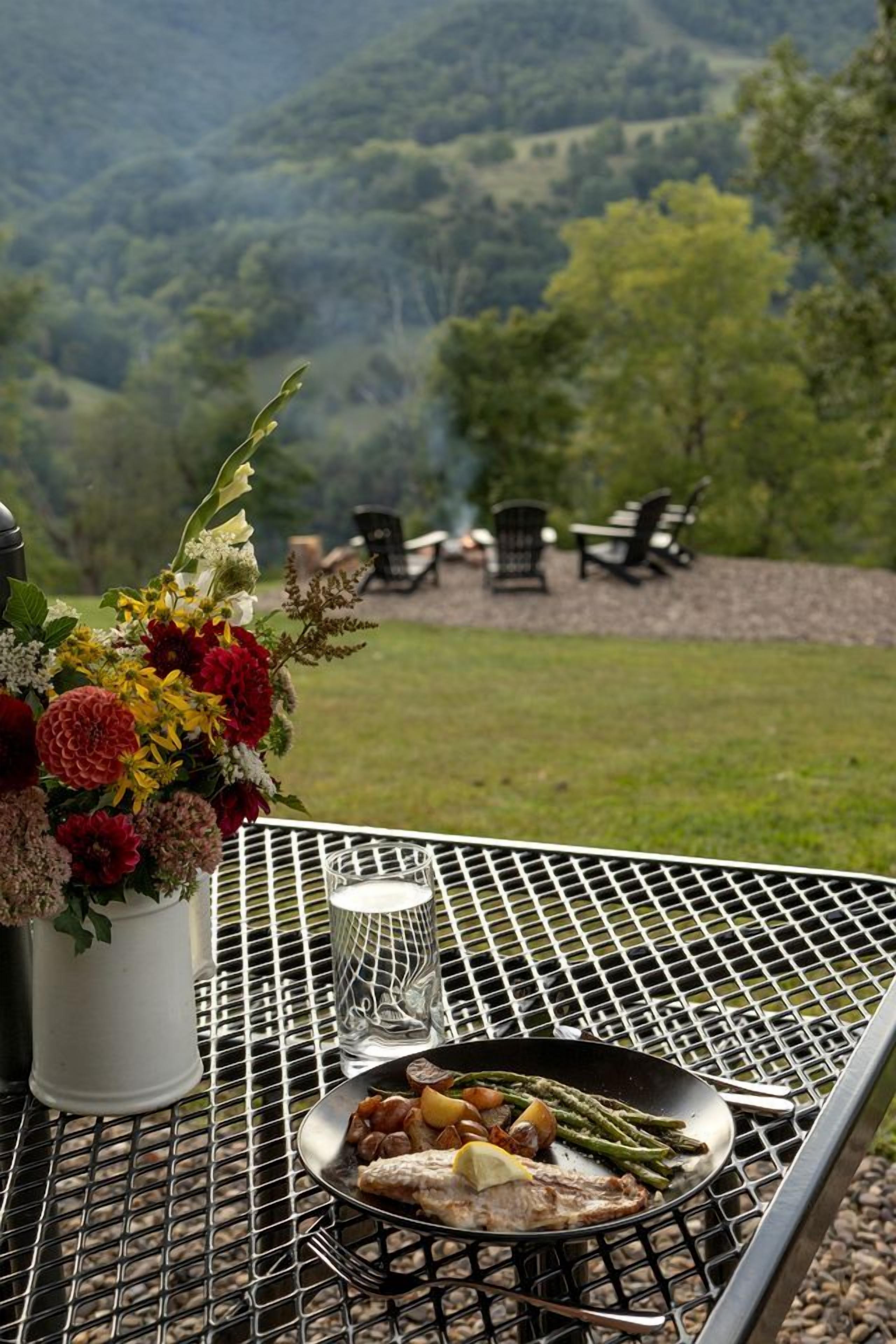 An outdoor dining table with a meal, a vase of flowers, and a scenic view of a grassy area with trees and chairs.