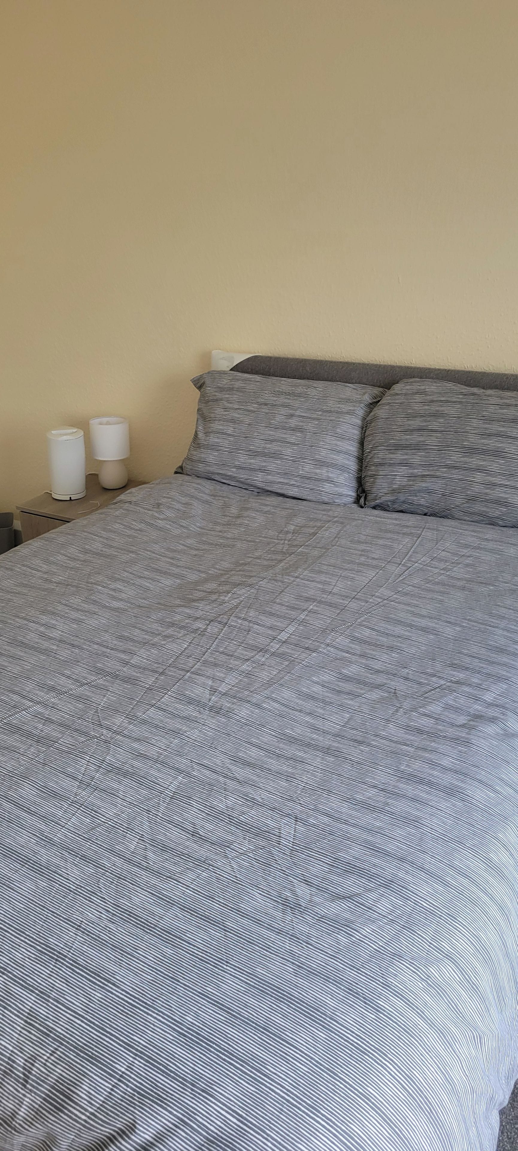 A bed with a striped bedspread and two pillows, a bedside table with a lamp, and a wall with a textured finish.