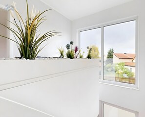 A modern interior with a large window, white walls, and a variety of plants.
