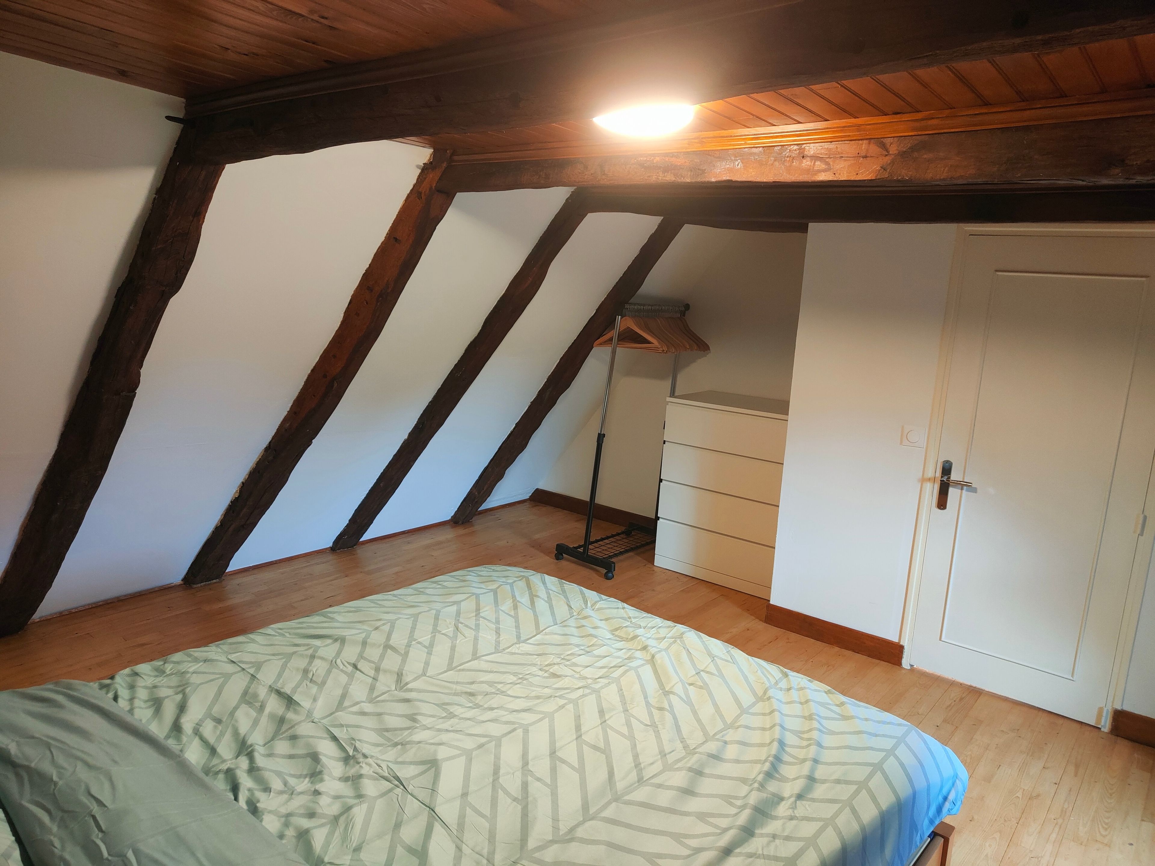 Een slaapkamer met een bed, een kledingkast en een plafondventilator.