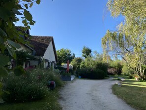 Un sendero rural que lleva a una casa con techo inclinado, rodeada de vegetación exuberante y plantas con flores.