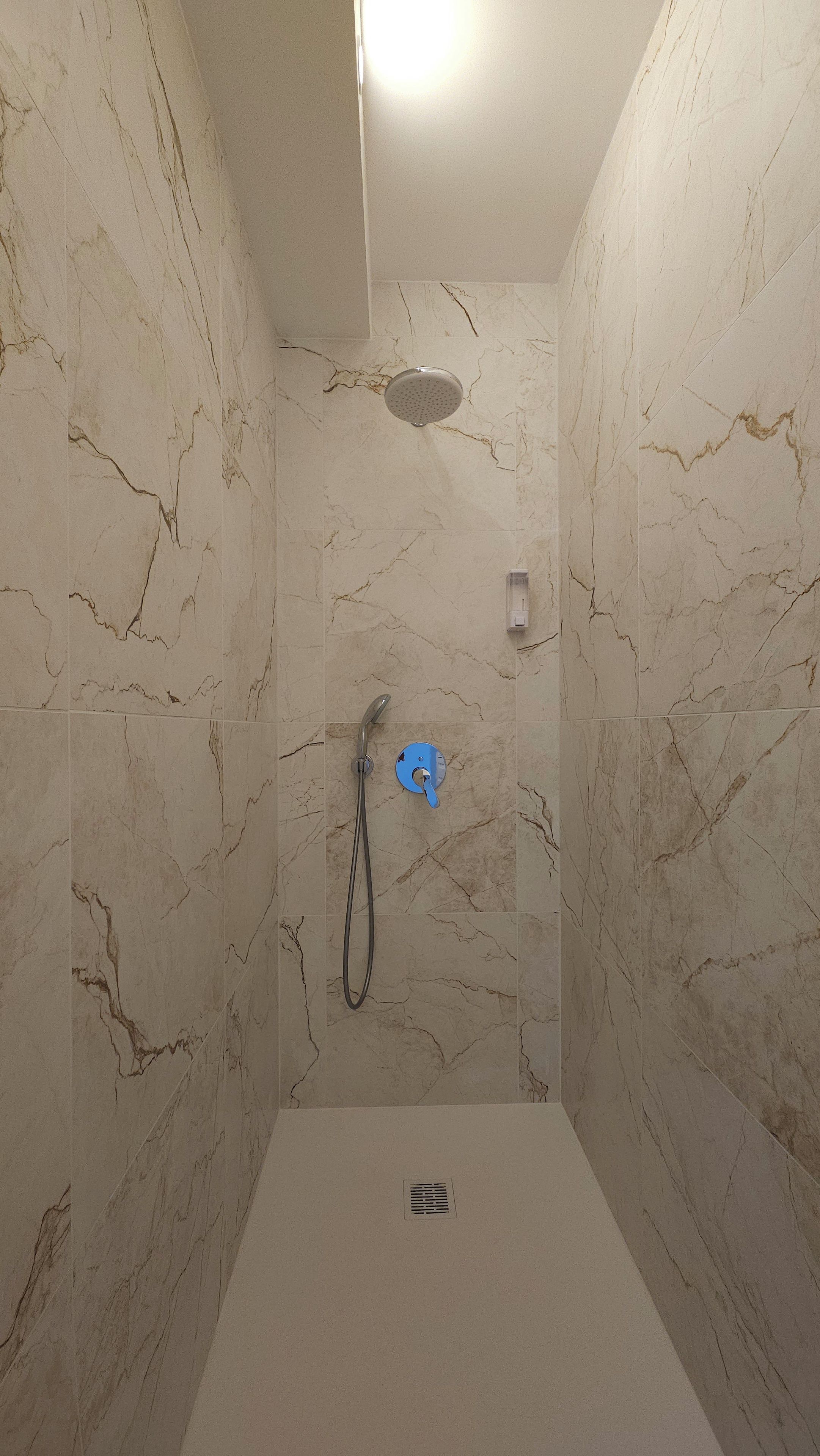 A shower with a handheld showerhead and a wall-mounted faucet.