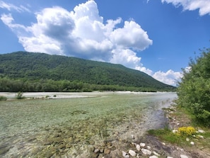 A river with clear water, surrounded by greenery and a hill in the background.