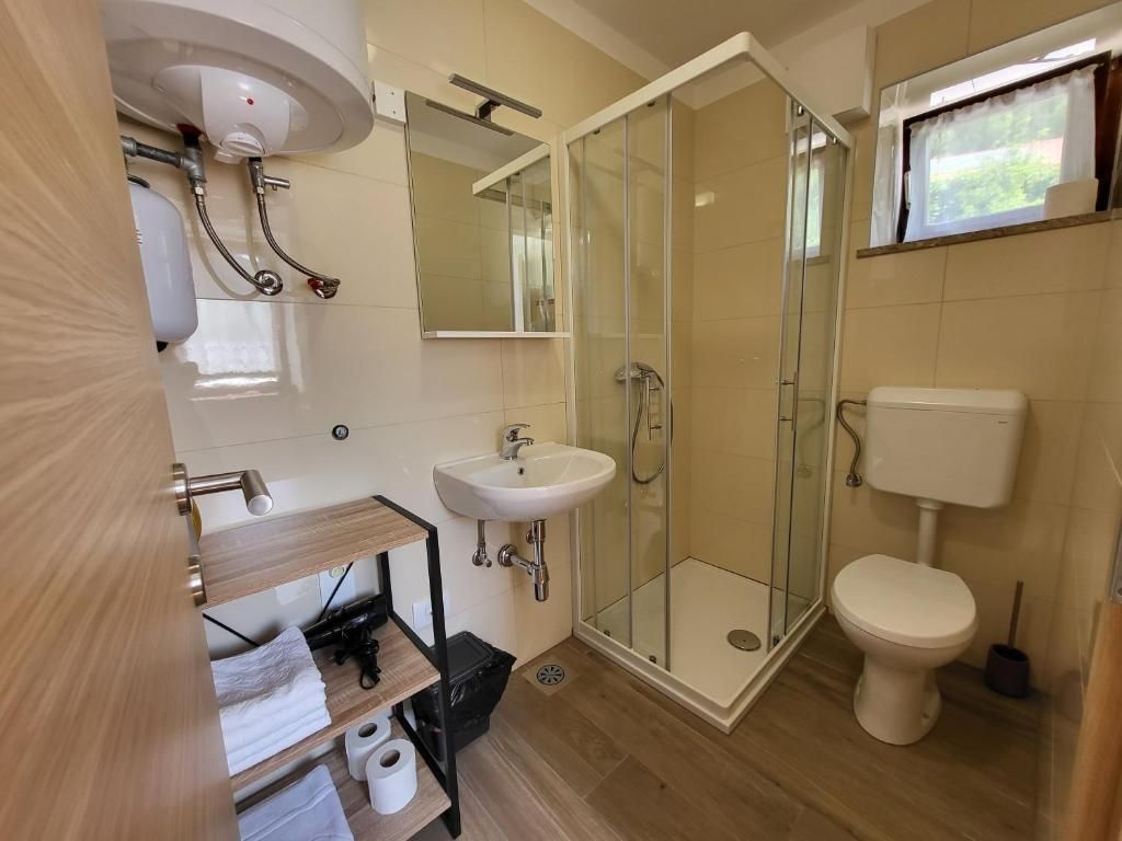 Un baño moderno con ducha envuelta en vidrio, un lavamanos blanco y un inodoro.