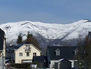 Een woonwijk met huizen voor een met sneeuw bedekte berg.