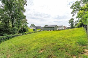 A residential area with houses, a grassy hill, and a fence. - Charming Mount Jackson Getaway (Mount Jackson)