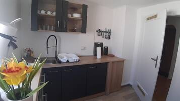 Una cocina compacta con pileta, alacenas y una encimera.