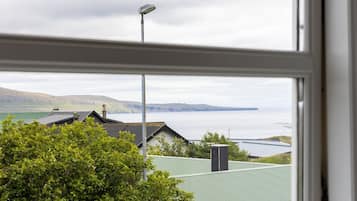 A view through a window of a building with a stone wall, a road, and a body of water in the distance.
