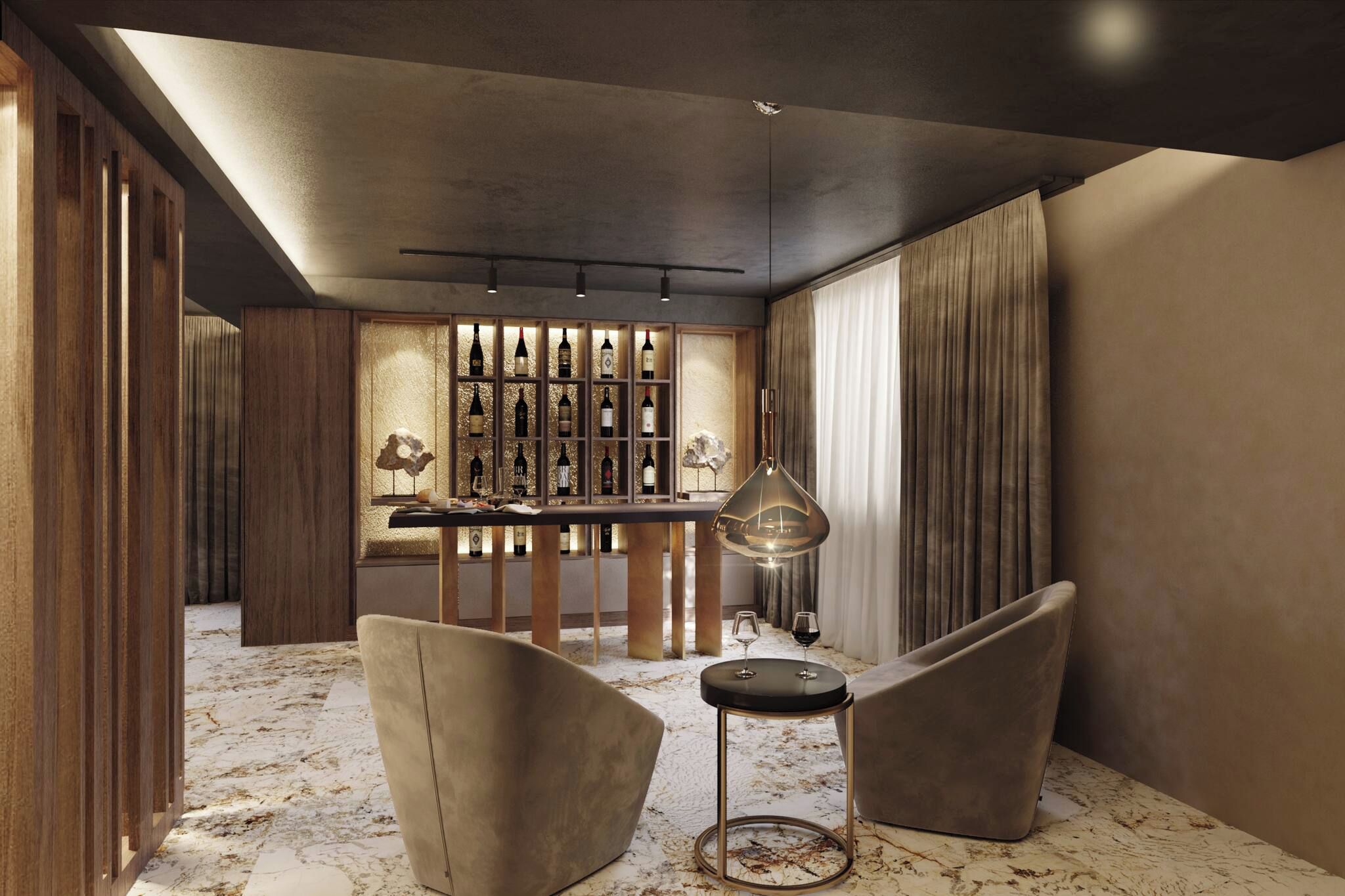 A modern interior with a bar area, seating, and a wine rack.