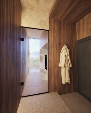A modern bathroom with a wooden vanity, a glass shower enclosure, and a towel hanging on the wall. - Luxury Accommodation on 200m2 With Private spa (Beckenried)