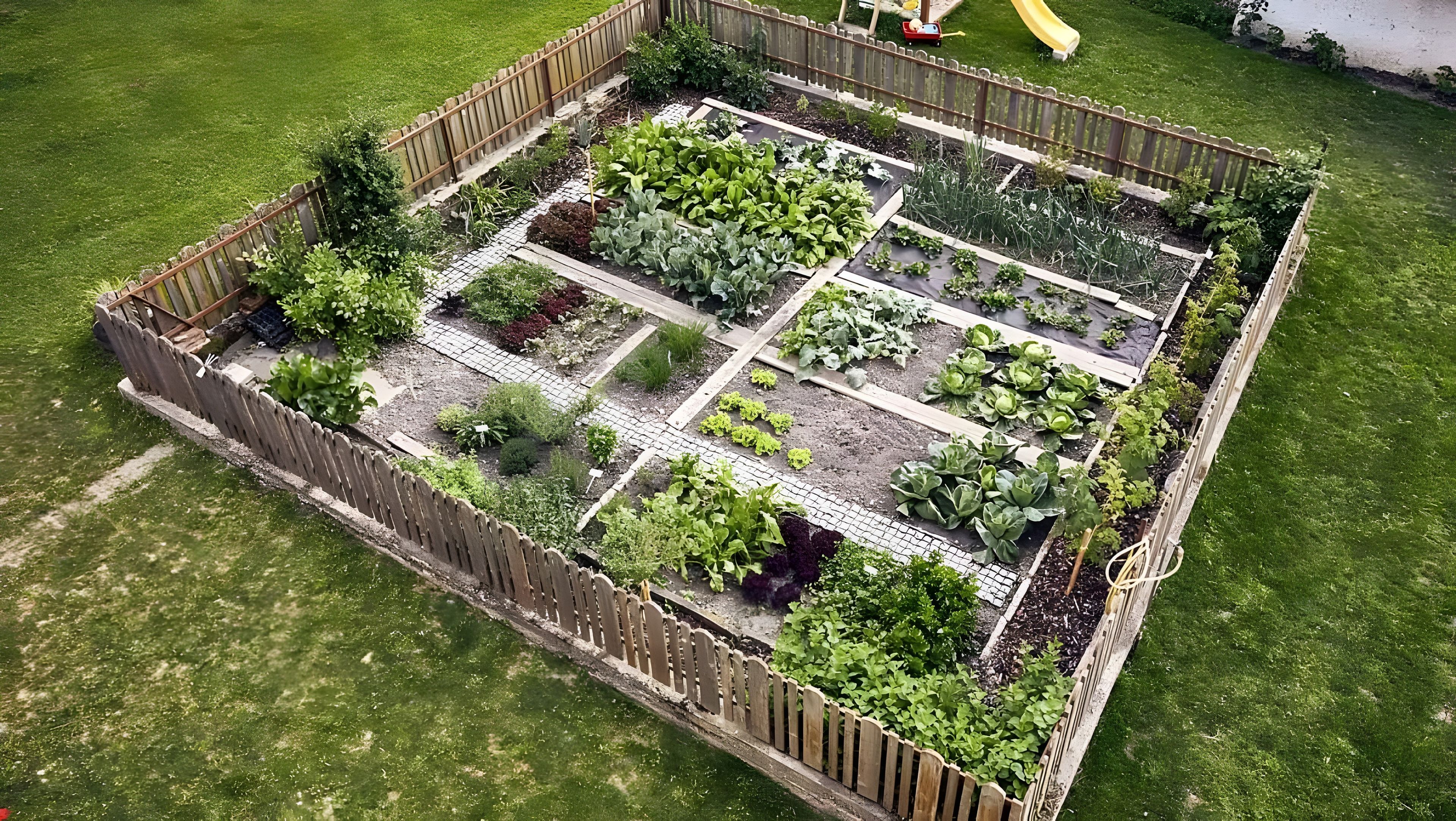 A garden with raised beds and a wooden fence.
