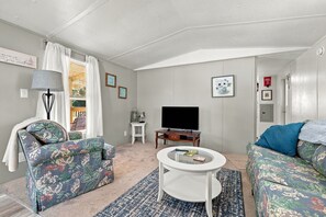 Un salon avec un canapé, une table basse, un téléviseur et une fenêtre avec des rideaux.
