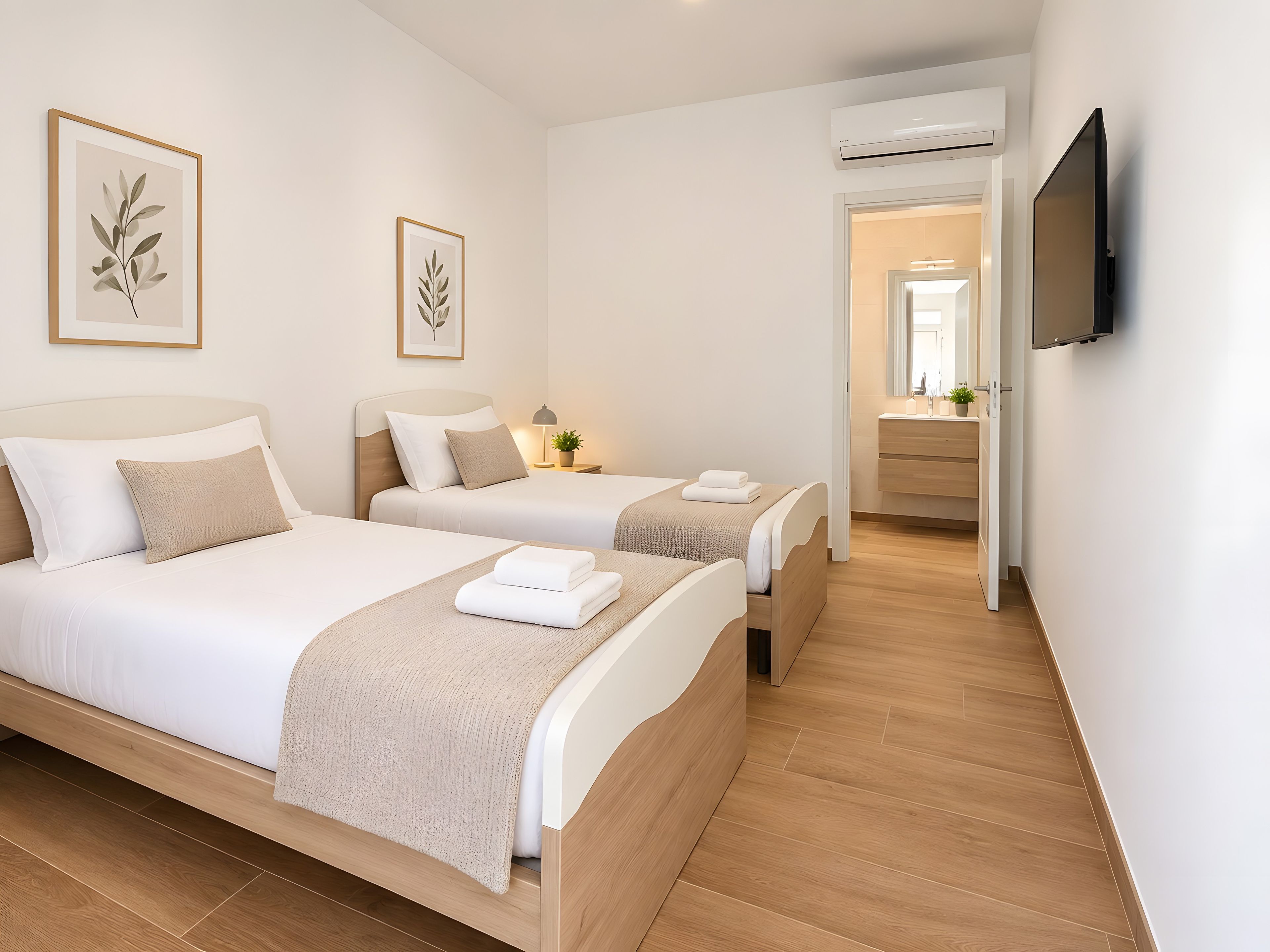 Hotellihuone, jossa on kaksi sänkyä, seinälle asennettu televisio ja ilmastointilaite.