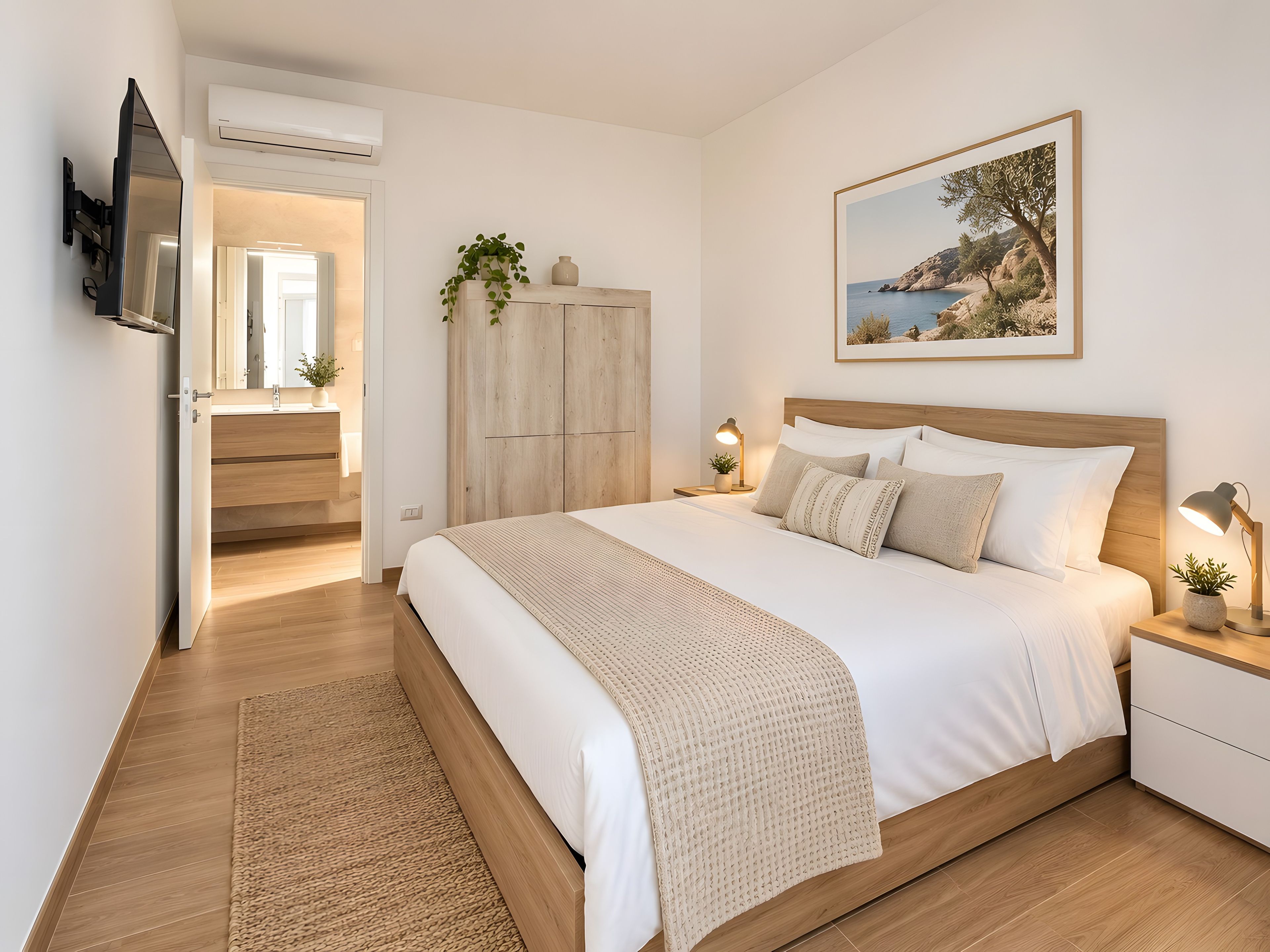 A bedroom with a bed, bedside tables, a nightstand, a wall-mounted TV, a framed picture, and a door leading to another room.