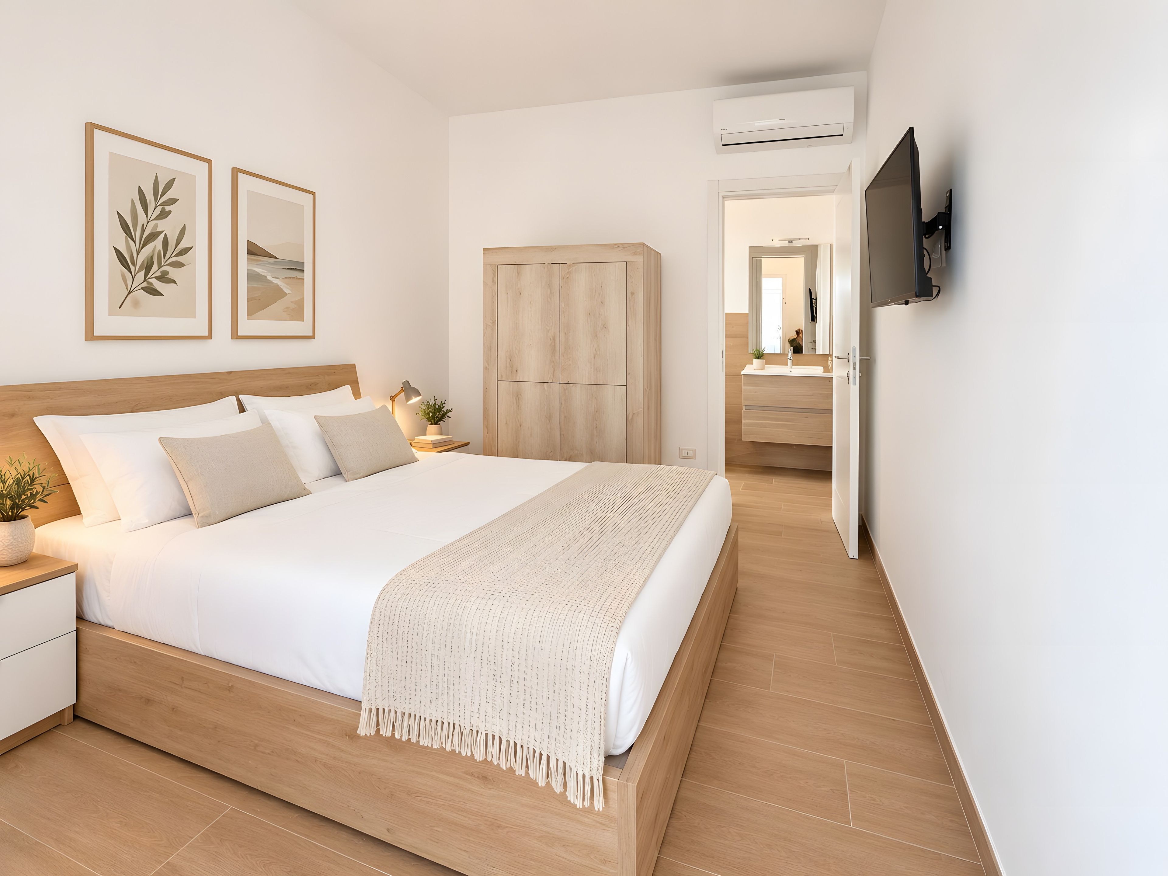 A modern bedroom with a wooden bed, bedside tables, a nightstand, a TV, and a wardrobe.