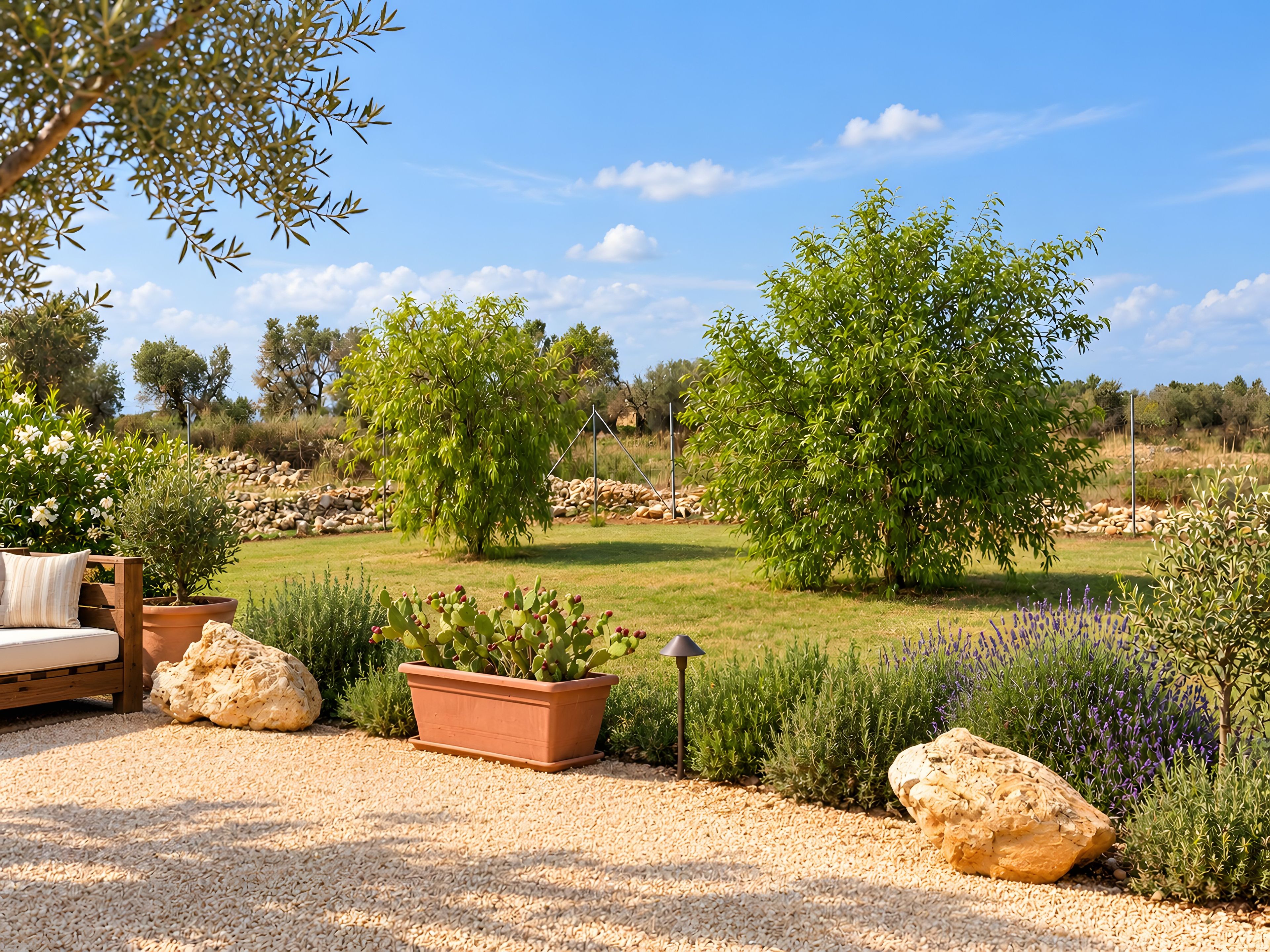 A garden with a wooden bench, potted plants, and a large rock.