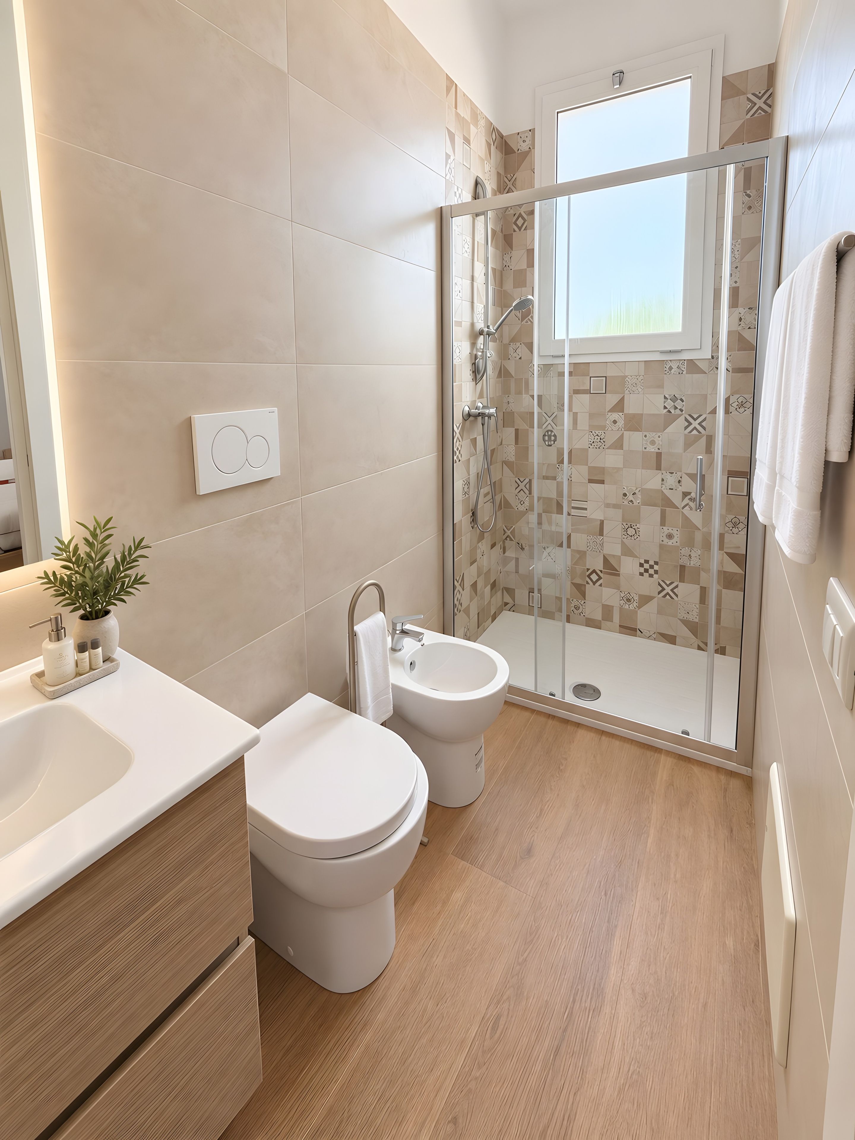 A modern bathroom with a shower, toilet, bidet, and sink.