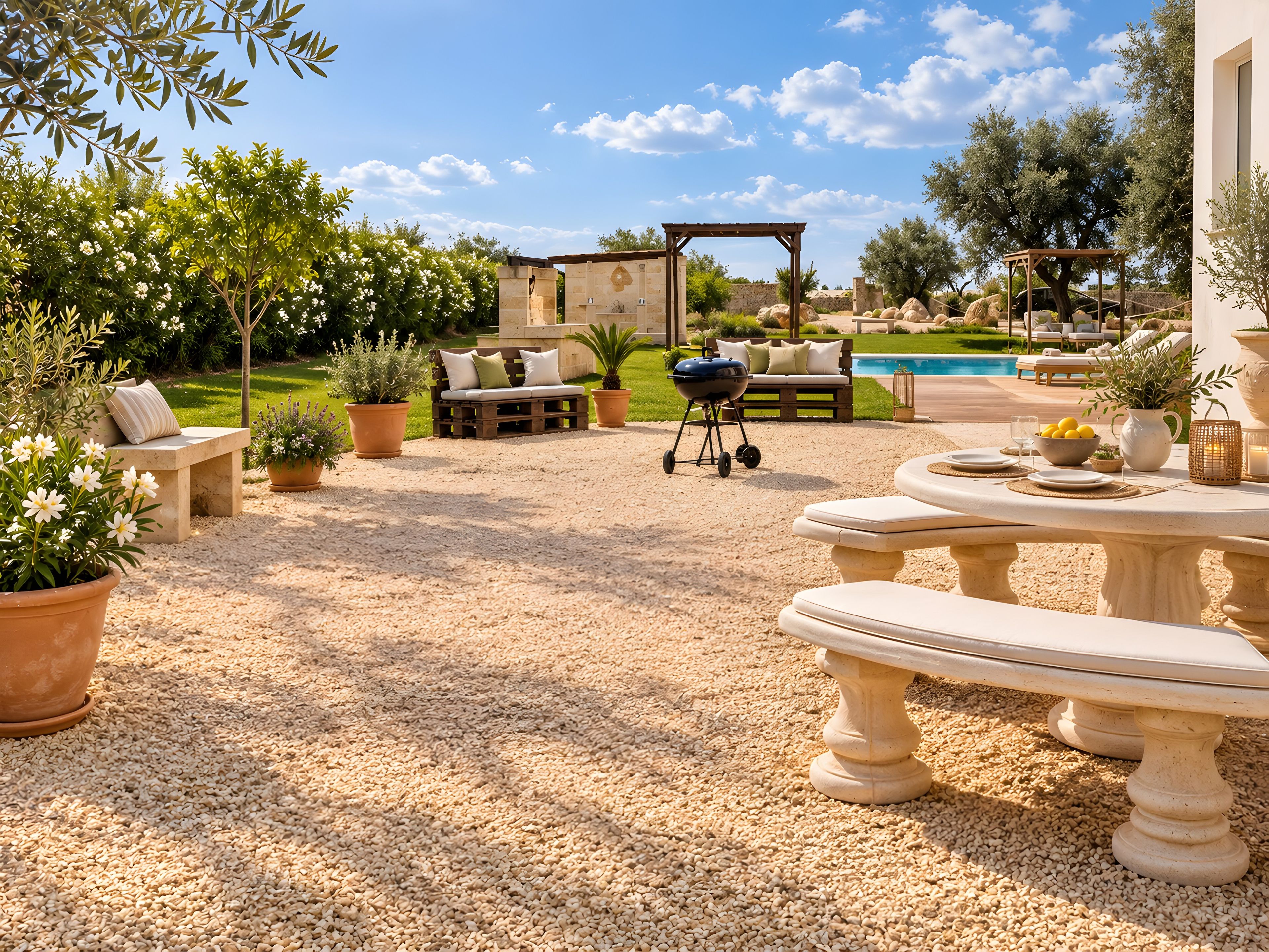 An outdoor patio area with a gravel surface, seating arrangements, a barbecue grill, and a pool in the background.