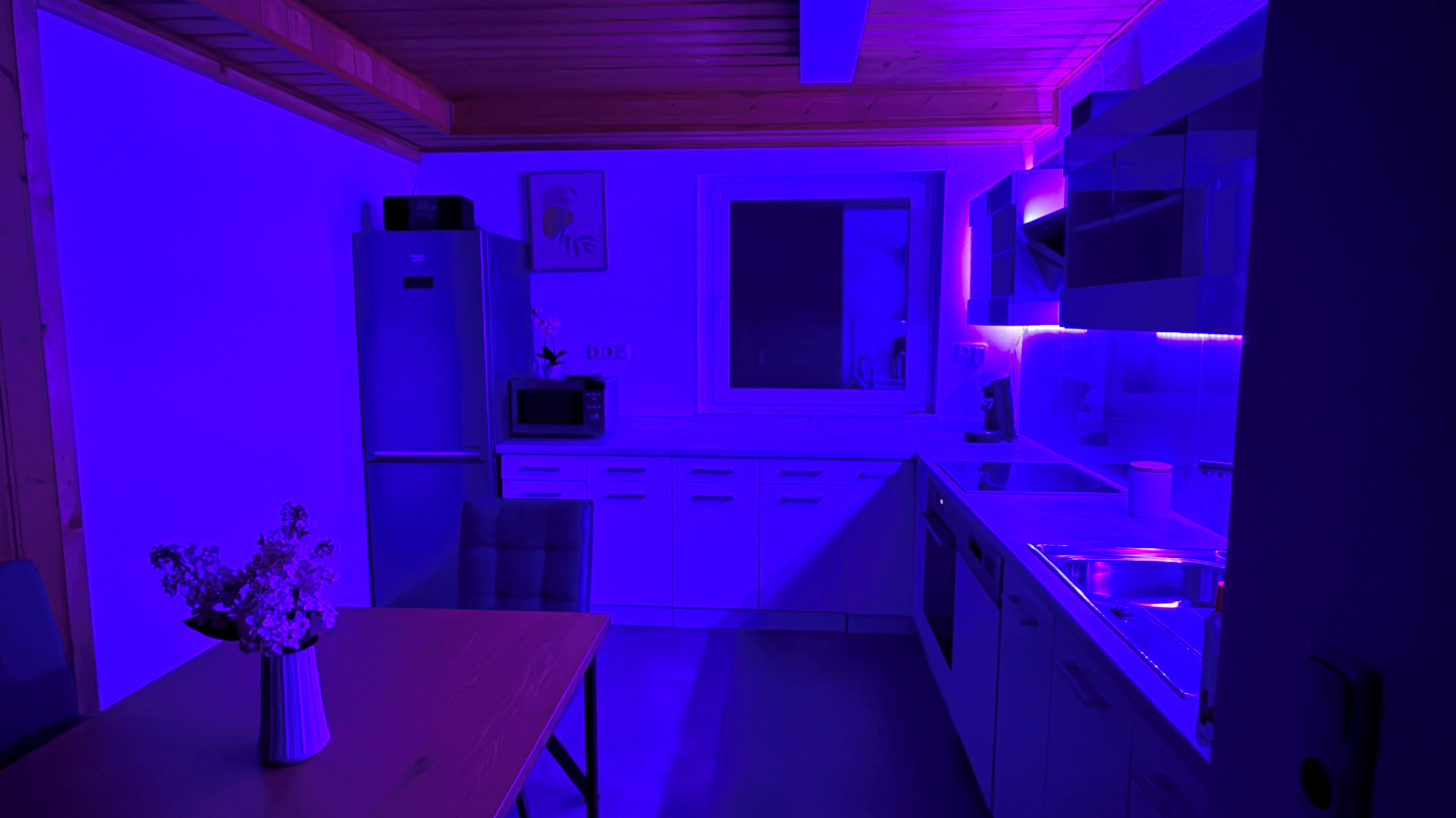 Une cuisine compacte dotée d’appareils électroménagers modernes, une table à manger agrémentée d’un vase et un four à micro-ondes.